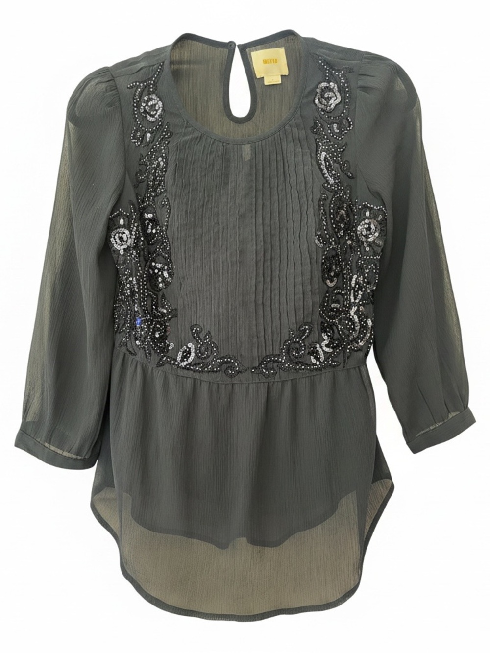 Anthropologie Maeve Helene Navy Blue Beaded Sequin Peplum Sheer Blouse Size 4
